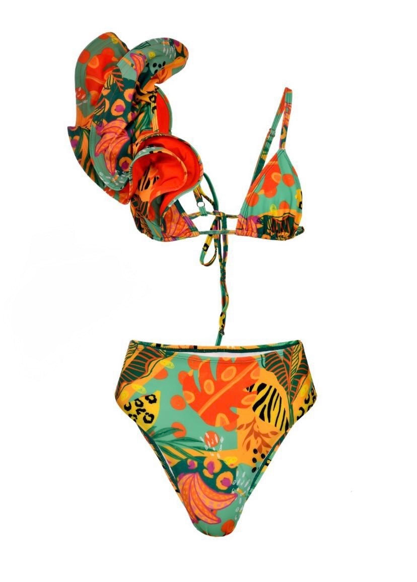 Misat Vintage Bikini MOKANÁ: High-waisted tropical animal print bikini made in Colombia with ruffled triangle top.