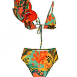 Misat Vintage Bikini MOKANÁ: High-waisted tropical animal print bikini made in Colombia with ruffled triangle top.