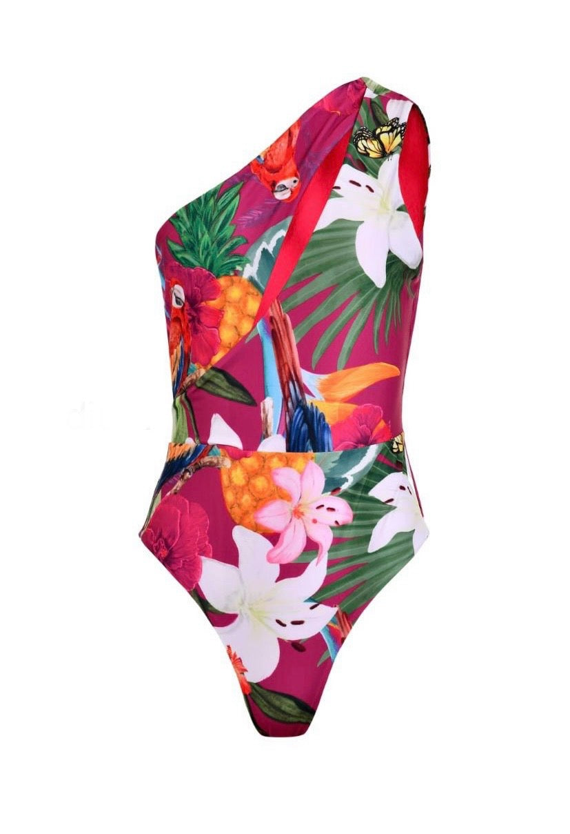 Tropical One Piece MOKANÁ: Luxury one-shoulder asymmetrical swimsuit made in Colombia with vibrant tropical print.