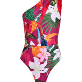 Tropical One Piece MOKANÁ: Luxury one-shoulder asymmetrical swimsuit made in Colombia with vibrant tropical print.