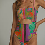 Malambito One Piece MOKANÁ: Elegant ruched one-piece swimsuit handcrafted in Colombia with vibrant tropical colors.